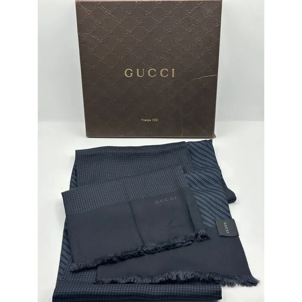 GUCCI Reversible Silk Ascot Skinny Scarf Navy Blue Made in Italy 52